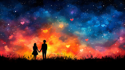 Fototapeta premium silhouette of couple holding hands against colorful night sky filled with hearts