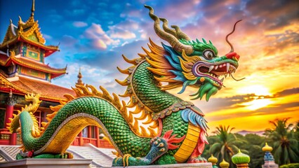 Fototapeta premium Majestic Dragon Statue of Nakhonsawan, Thailand - Left Composition with Copy Space