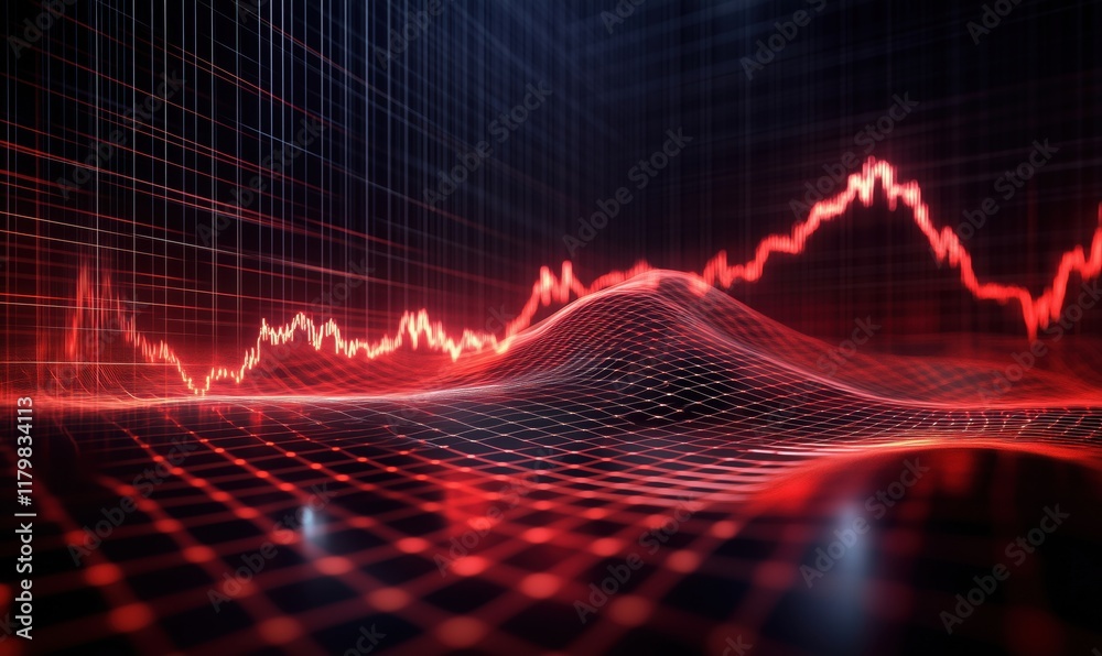 Poster dynamic red data visualization with 3d graphs and wave patterns representing financial trends and ma