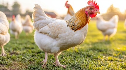 Fototapeta premium Chickens Grazing on Lush Green Pasture in Sunlight