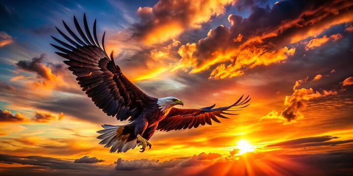 Majestic Eagle Silhouette at Sunset - Powerful Bird of Prey in Flight