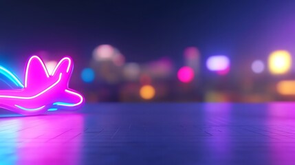 Neon sign on reflective surface with blurred city lights background.
