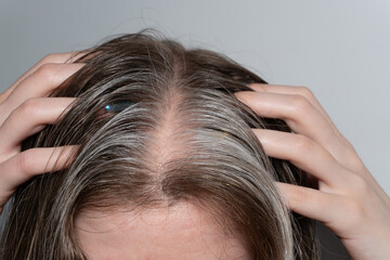 Fototapeta premium Fingers revealing textured gray strands: The woman's fingers carefully pull her hair back, revealing a distinct contrast between dark brown hair and silver-gray accents.