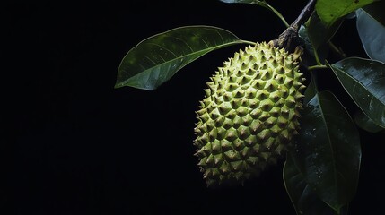 A close-up of a durian fruit hanging from a tree branch, surrounded by lush green leaves.