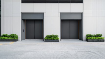 Two sleek, modern elevators are situated in a minimalist building facade, flanked by greenery on a clean, paved surface.