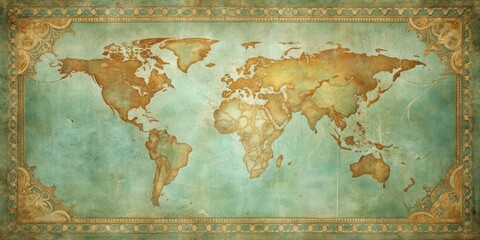 Obraz premium An Antique World Map with Ornate Border, Displaying Continents and Oceans in Aged Hues, Ideal for Historical or Travel Themes