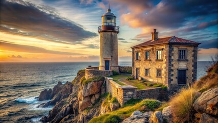 Serene coastal lighthouse and keeper's house at sunset, overlooking a dramatic ocean landscape