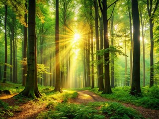 Fototapeta premium Majestic Forest Wallpaper: Sunlit Trees & Lush Foliage, Copy Space Left