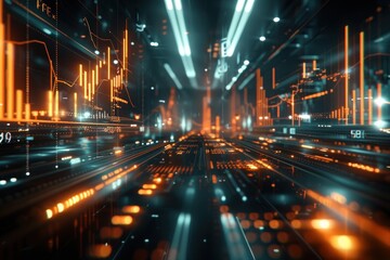 Obraz premium Glowing charts and graphs float in a sleek black space, creating a vibrant atmosphere of financial analytics