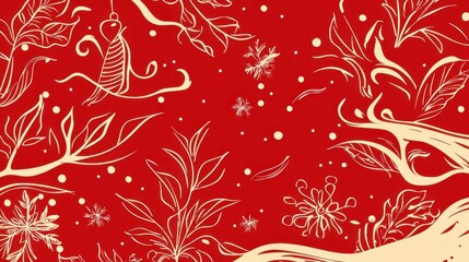 Festive Red Background with Delicate White Illustrations of Leaves, Snowflakes, and Decorations Perfect for Holiday and Winter-Themed Designs