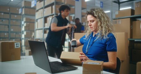 Female inventory manager scans parcels with barcode scanner, prepares for shipping to customers, works on laptop. Warehouse employees checking boxes for shipping. E-commerce store or postal service.