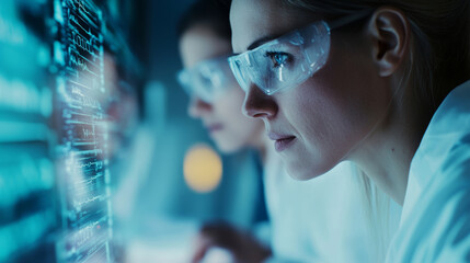 focused woman in safety glasses analyzes data on digital screen, showcasing high tech environment. scene conveys innovation and scientific research