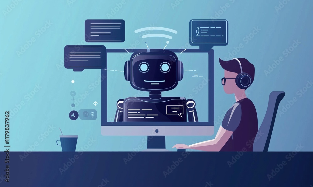Poster ai chatbot interaction with user on computer screen, showcasing modern technology and communication,