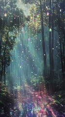 Fototapeta premium A mystical forest with beams of light and colorful reflections in the serene atmosphere.