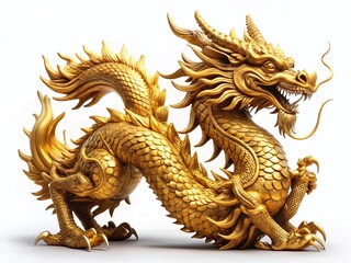 Fototapeta premium Majestic Golden Chinese Dragon Statue, Isolated on White Background - Perfect for Asian-Themed Designs