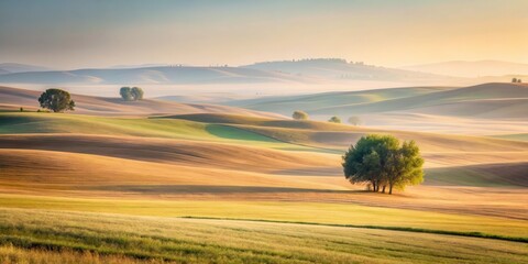 Fototapeta premium Serene sunrise over rolling farmland, showcasing a picturesque landscape of gently sloping fields and solitary trees bathed in soft golden light