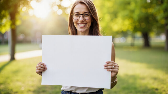 Smiling caucasian female holding blank sign outdoors in a sunny park