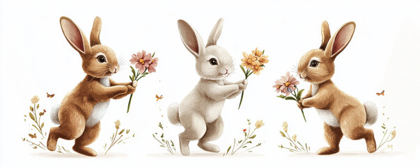 Fototapeta premium Three adorable Easter bunnies holding flowers, surrounded by delicate floral elements