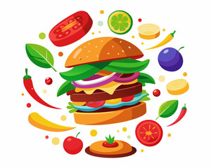 Exploded Burger Diagram with Vibrant Ingredients Floating – Fun and Detailed Food Illustration