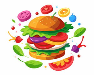 Exploded Burger Diagram with Vibrant Ingredients Floating – Fun and Detailed Food Illustration