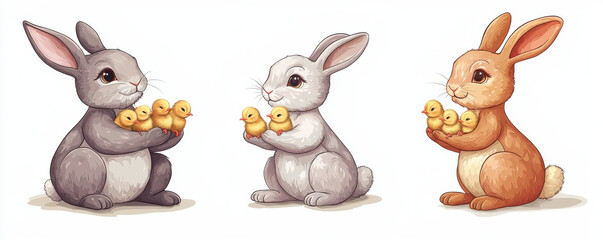 Fototapeta premium Three adorable Easter bunnies in gray, white, and brown hold yellow ducklings, showcasing heartwarming scene