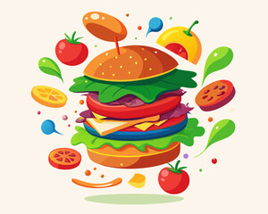 Exploded Burger Diagram with Vibrant Ingredients Floating – Fun and Detailed Food Illustration