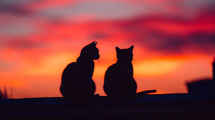 A pair of cats sitting side by side on a rooftop at sunset, their silhouettes framed by the vibrant orange and pink hues of the evening sky 