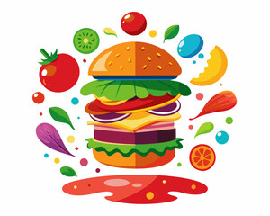 Exploded Burger Diagram with Vibrant Ingredients Floating – Fun and Detailed Food Illustration