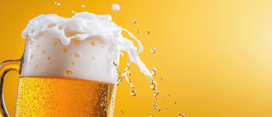 Foamy beer bubbles splashing in a glass celebration scene bright yellow background refreshing alcohol experience
