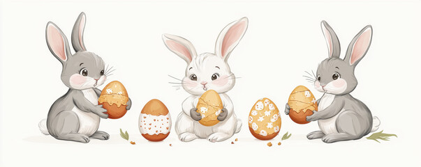 Three adorable Easter bunnies holding decorated eggs, surrounded by festive details