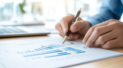 person analyzing financial data with graphs and charts, using pen to take notes. workspace includes laptop and bright, modern office setting