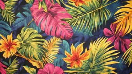 Vibrant Tropical Floral Fabric Design Featuring Lush Leaves and Flowers