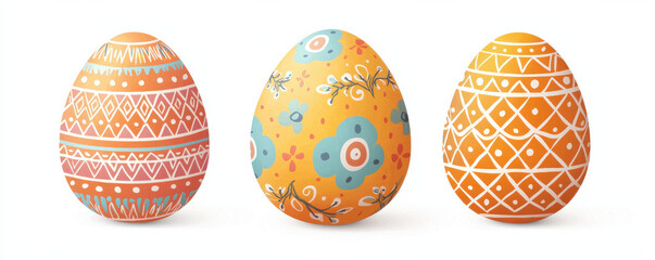 Three colorful Easter eggs with intricate patterns and floral designs on white background