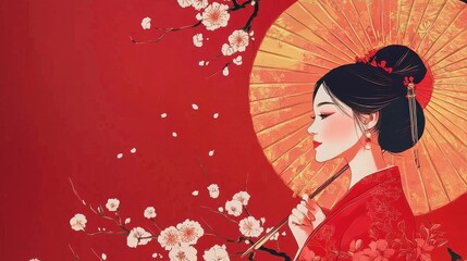 Elegant Asian Woman with Fan and Cherry Blossoms Against a Red Background, Symbolizing Tradition, Beauty, and Cultural Heritage in a Serene Setting