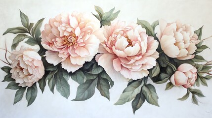 A stunning arrangement of pink peonies with delicate green leaves on a soft background.