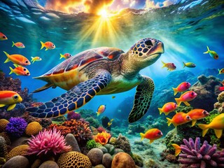 Fototapeta premium Majestic Hawaiian Green Sea Turtle on Vibrant Maui Coral Reef Panoramic