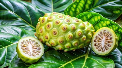 Close-up view of vibrant green tropical fruit halves and whole fruit nestled amongst lush foliage