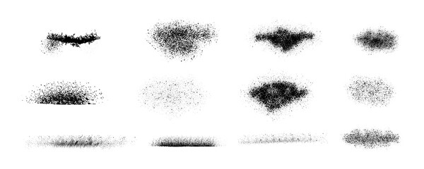 Paint spray noise of grains or brush dust and black sand particles, vector abstract shape effect. Wavy spray paint in graffiti ink style with grainy noise texture of black dots and rough dust. EPS