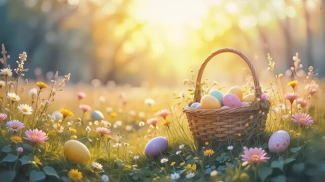 Colorful easter eggs are nestled in a wicker basket and scattered on the green grass of a sunny meadow, creating a cheerful and festive scene.