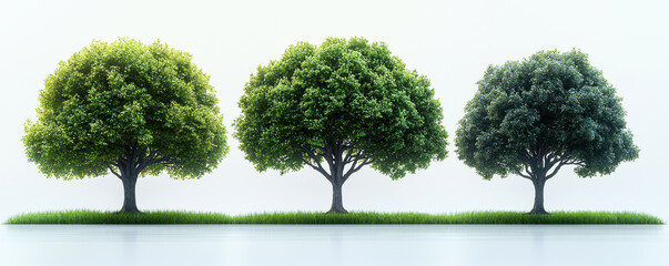 Fototapeta premium Three realistic trees with varying shades of green foliage stand on grassy surface, symbolizing growth and nature