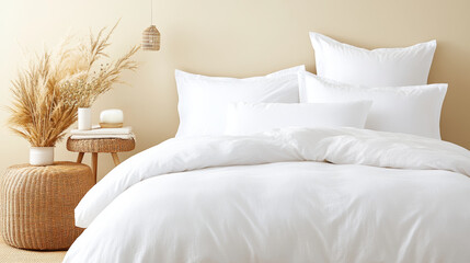 Obraz premium Luxurious white bedding set with decorative pillows and cozy atmosphere. stylish woven basket and dried plants add touch of elegance to serene bedroom decor