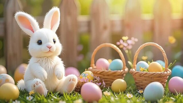Adorable easter bunny sits in a field of green grass surrounded by colorful easter eggs and white daisies, creating a cheerful and festive springtime scene.
