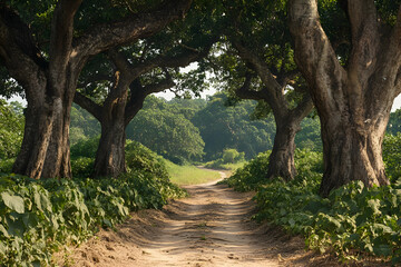Obraz premium Sunlit Path Through Lush Green Forest: Serene Nature Scene