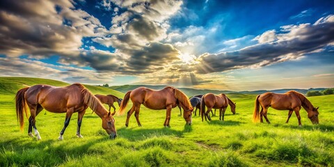 Majestic Horses Grazing in a Sun-Drenched Pasture - High-Resolution Stock Photo