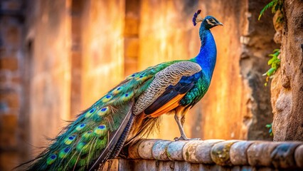 Naklejka premium Majestic Indian Peacock Peafowl on Ancient Wall, Vibrant Nature Light