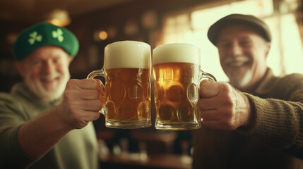 Two friends celebrate with raised mugs of beer in a cozy pub, showcasing joy and camaraderie during a festive gathering. Generative AI
