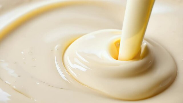 Liquid white chocolate flows smoothly slow motion creating mesmerizing luxurious visual captured stunning high definition 4K footage