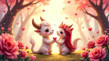 Naklejka premium Valentine's Day with two mythical romantic creatures