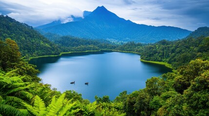 A serene lake surrounded by lush greenery and majestic mountains under a cloudy sky, creating a tranquil natural landscape.