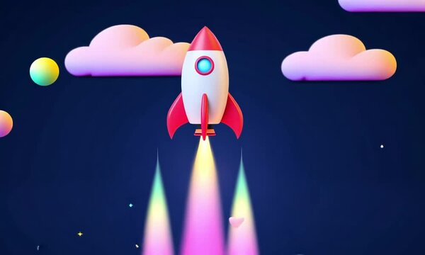 Cute 3D cartoonish rocket launches from a fluffy pink cloud, surrounded by sparkling stars and soft, floating spheres